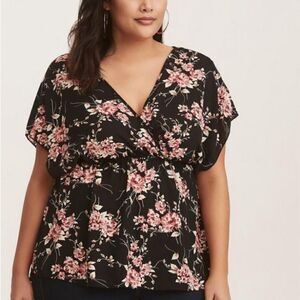 Torrid Deep V-Neck Floral Faux Wrap Georgette Tunic Top